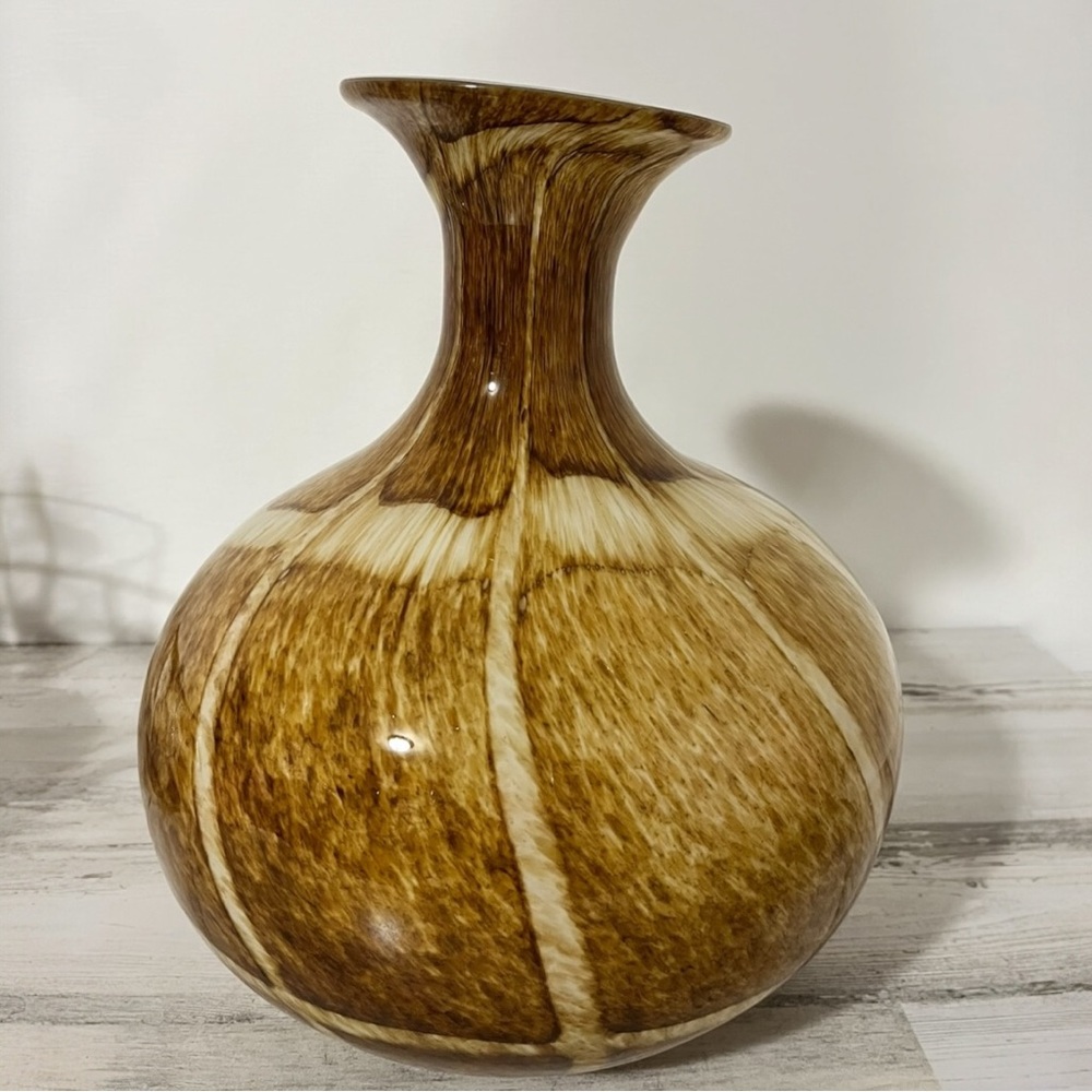 Vintage Hand Blown Art Glass Vase Brown Ivory Swirl MCM Decor